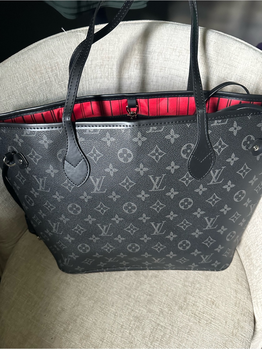Black Monogram Tote with Red Interior - Picture 2 of 10